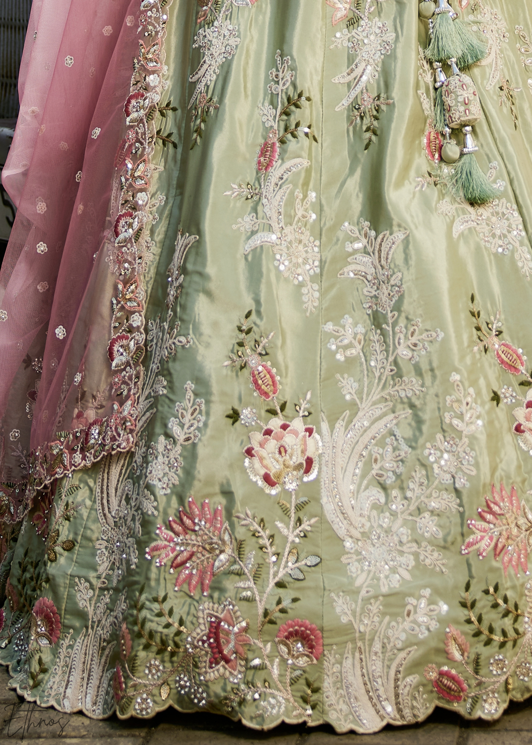 Frosted Celadon Radiant Blossom Satin Lehenga