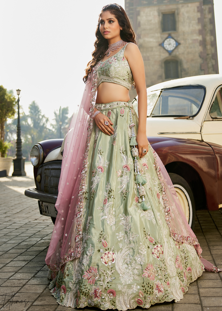 Frosted Celadon Radiant Blossom Satin Lehenga