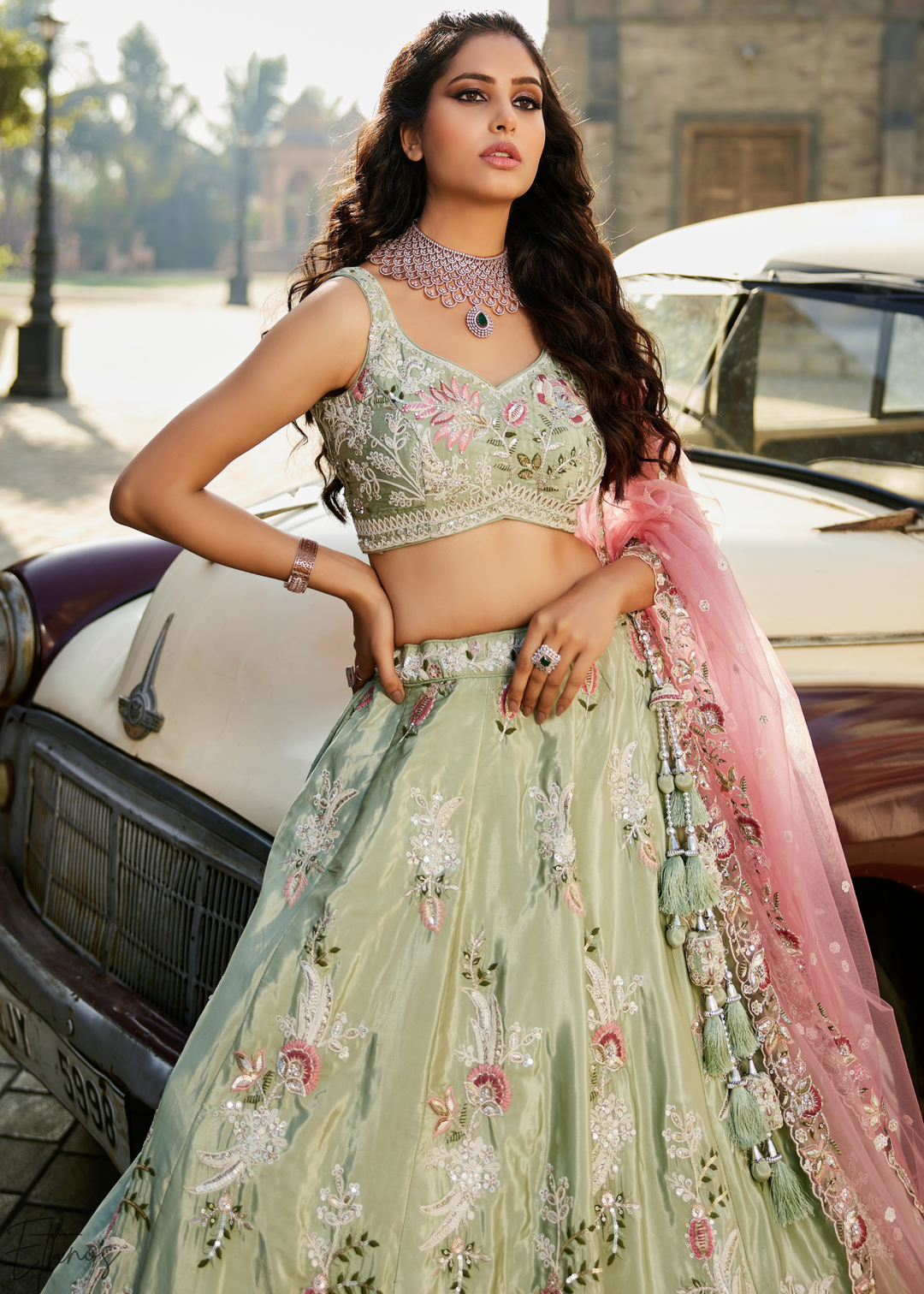 Frosted Celadon Radiant Blossom Satin Lehenga