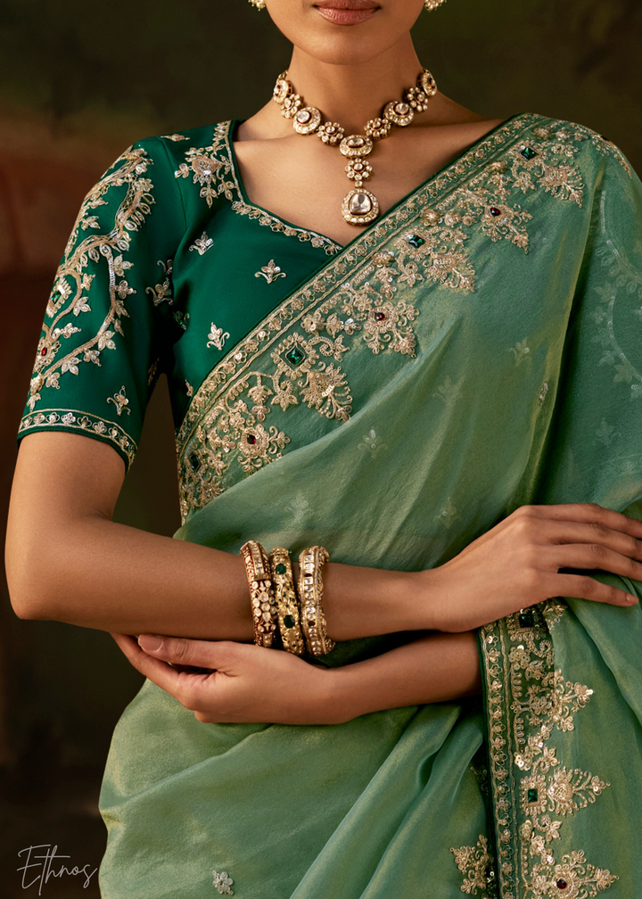 Frosted Celadon Tambour Embroidered Border Tissue Saree