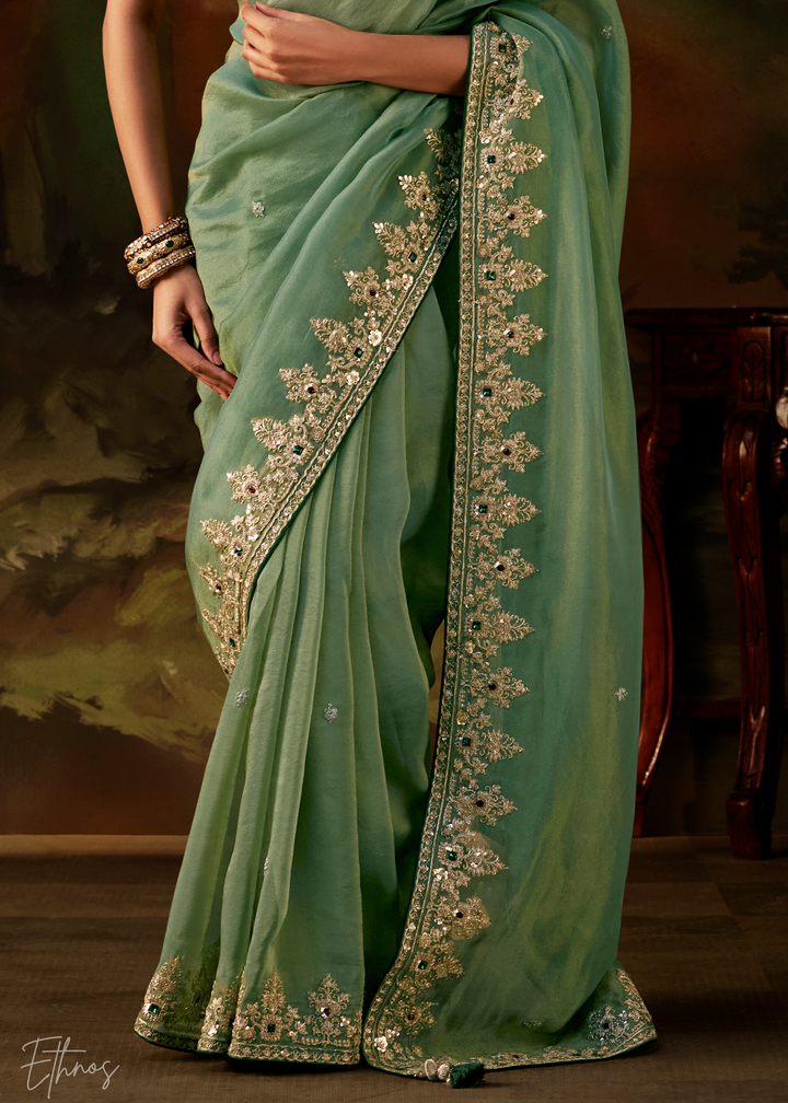 Frosted Celadon Tambour Embroidered Border Tissue Saree
