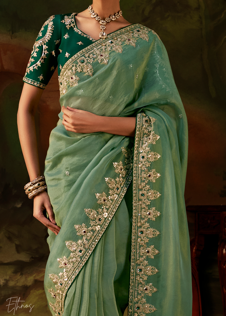 Frosted Celadon Tambour Embroidered Border Tissue Saree
