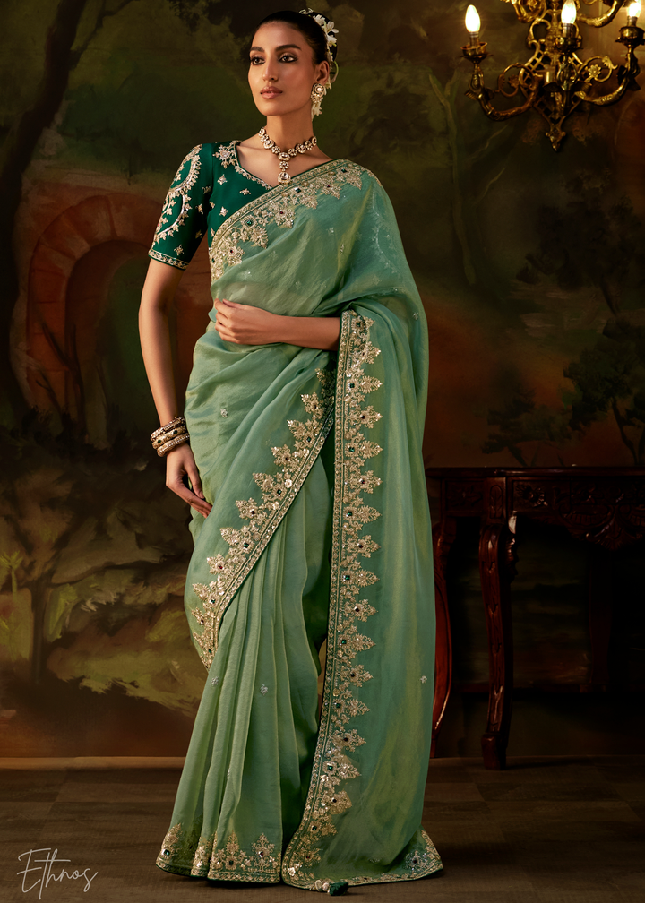 Frosted Celadon Tambour Embroidered Border Tissue Saree