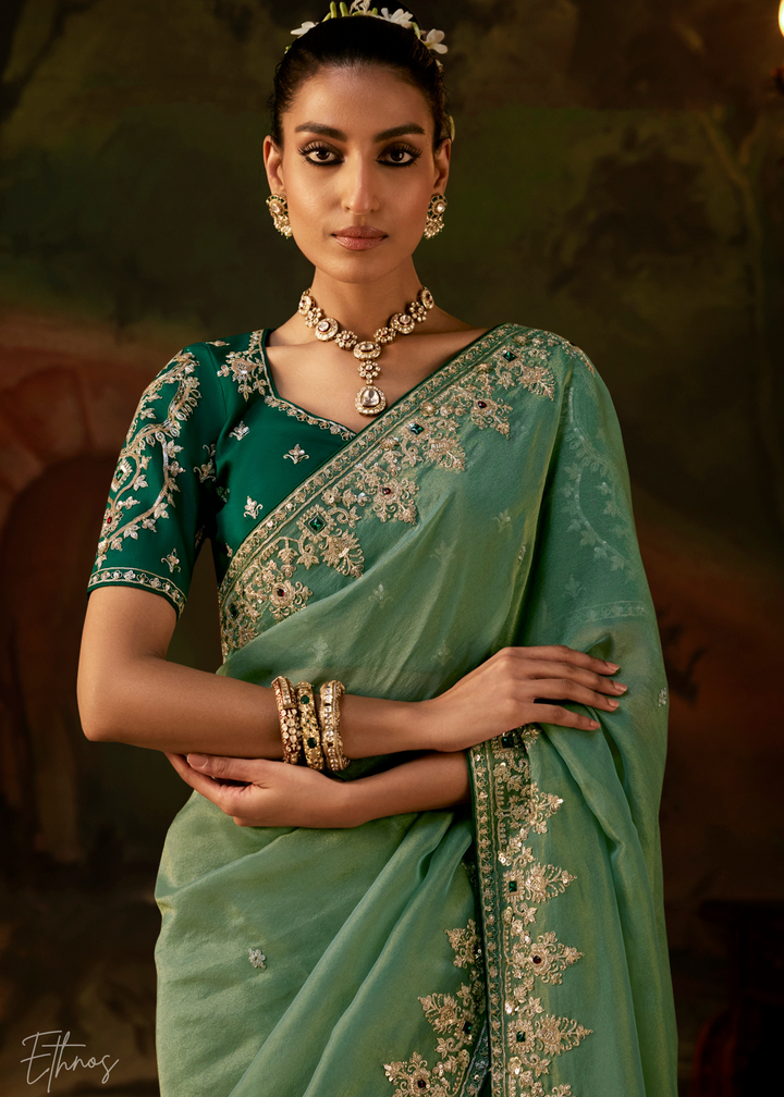 Frosted Celadon Tambour Embroidered Border Tissue Saree