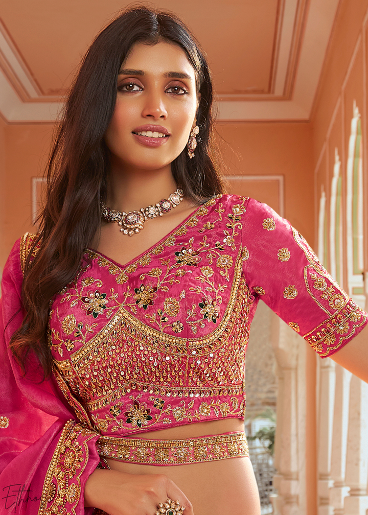 Fuchshia Pink Paisley Weave Banarasi Silk Lehenga Choli