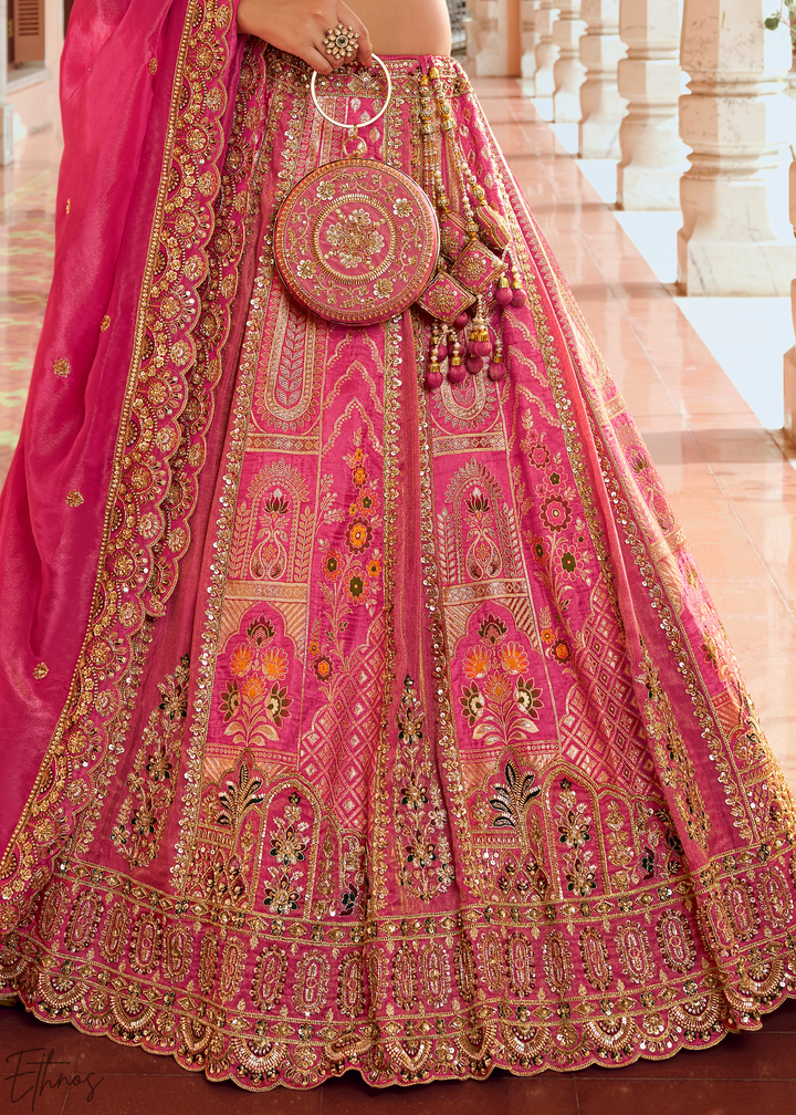 Fuchshia Pink Paisley Weave Banarasi Silk Lehenga Choli