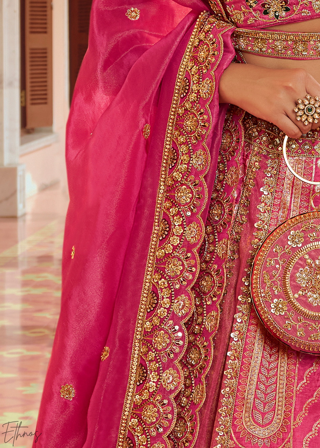 Fuchshia Pink Paisley Weave Banarasi Silk Lehenga Choli