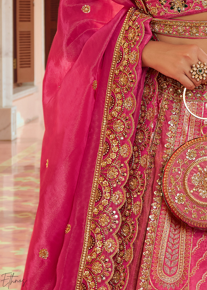 Fuchshia Pink Paisley Weave Banarasi Silk Lehenga Choli