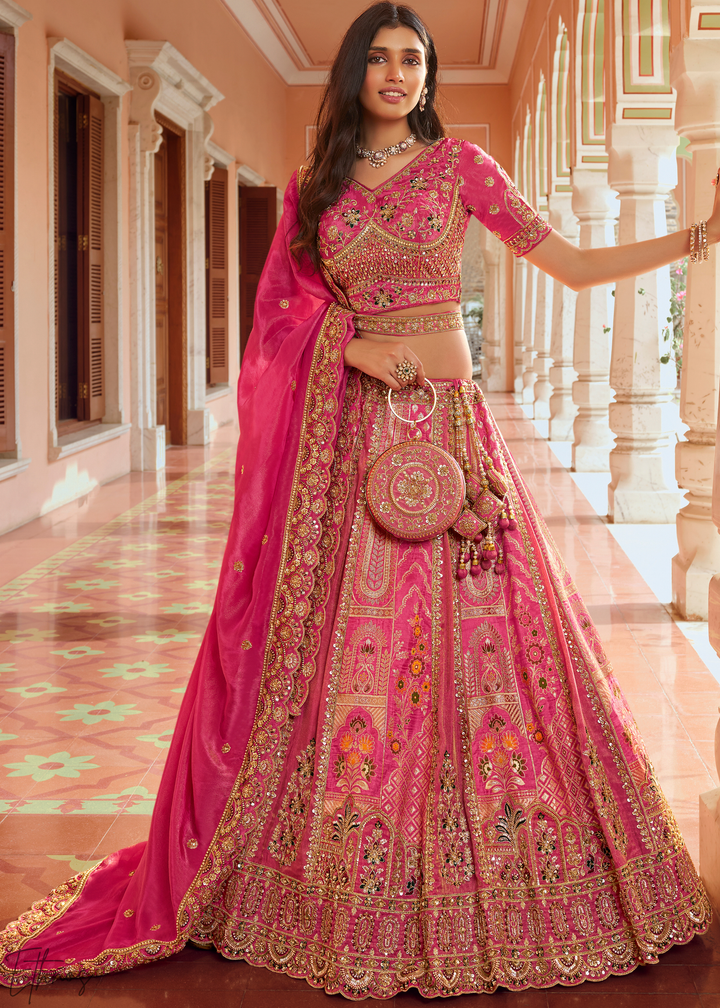 Fuchshia Pink Paisley Weave Banarasi Silk Lehenga Choli