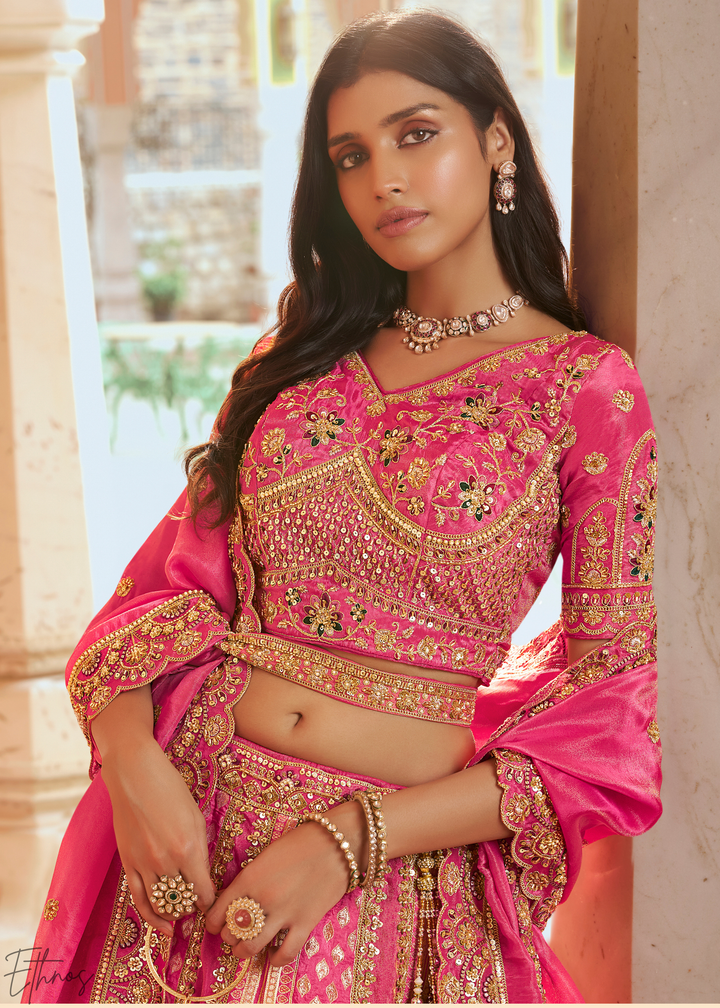 Fuchshia Pink Paisley Weave Banarasi Silk Lehenga Choli