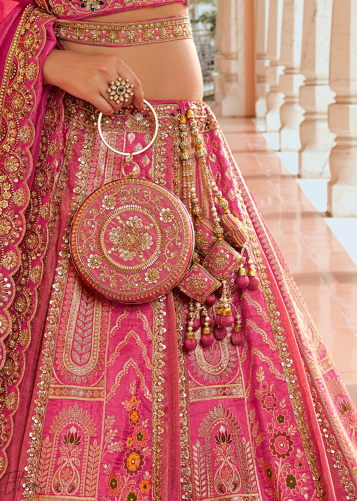 Fuchshia Pink Paisley Weave Banarasi Silk Lehenga Choli