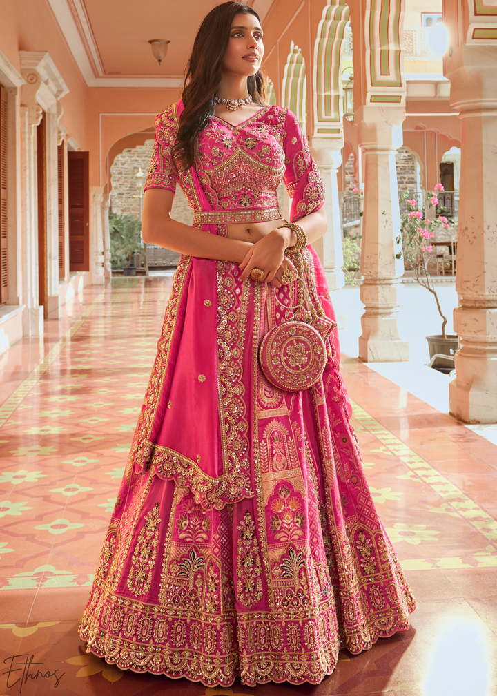 Fuchshia Pink Paisley Weave Banarasi Silk Lehenga Choli