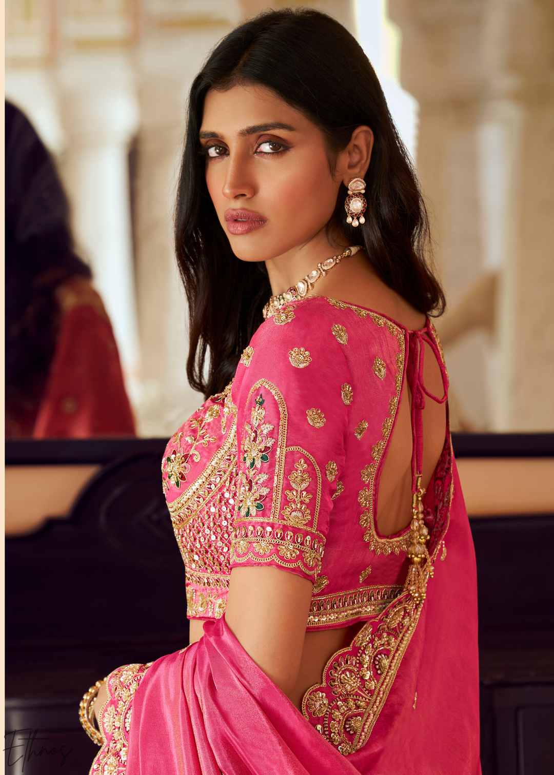 Fuchshia Pink Paisley Weave Banarasi Silk Lehenga Choli
