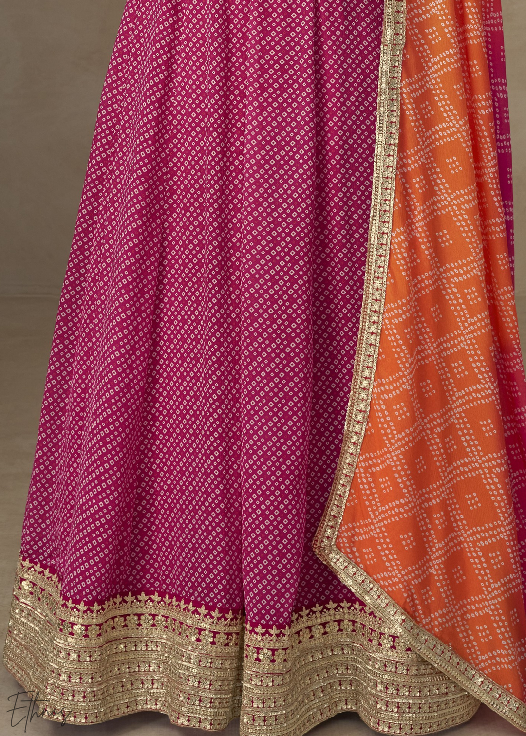 Vibrant Pink Bandhani Chinon Gown Set
