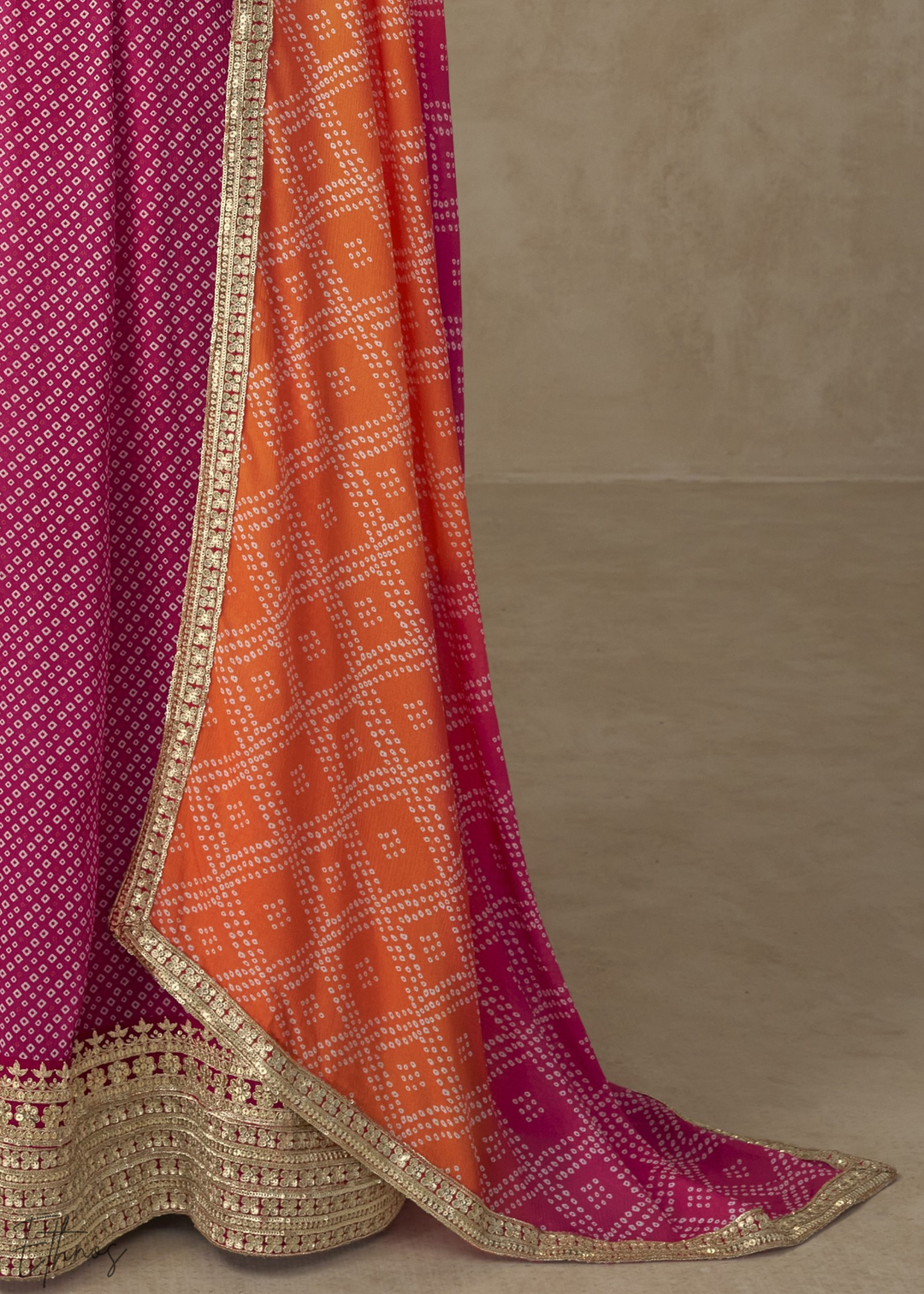 Vibrant Pink Bandhani Chinon Gown Set