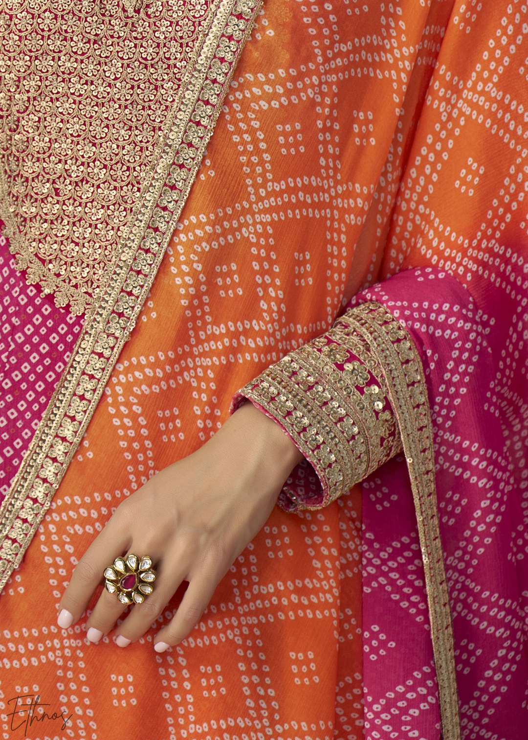Vibrant Pink Bandhani Chinon Gown Set