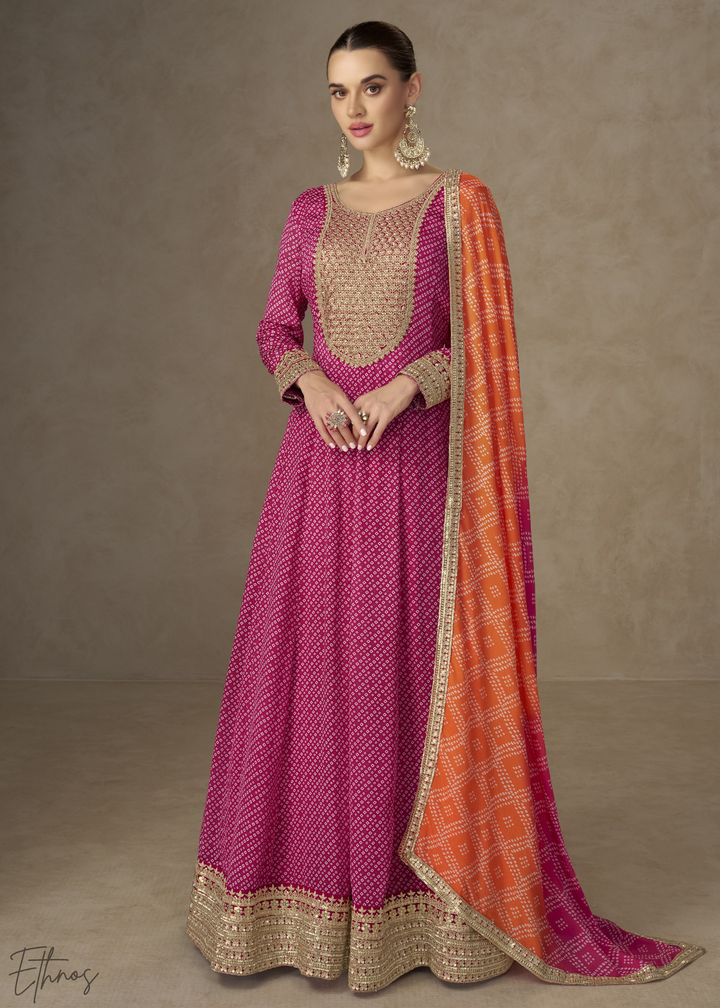 Vibrant Pink Bandhani Chinon Gown Set