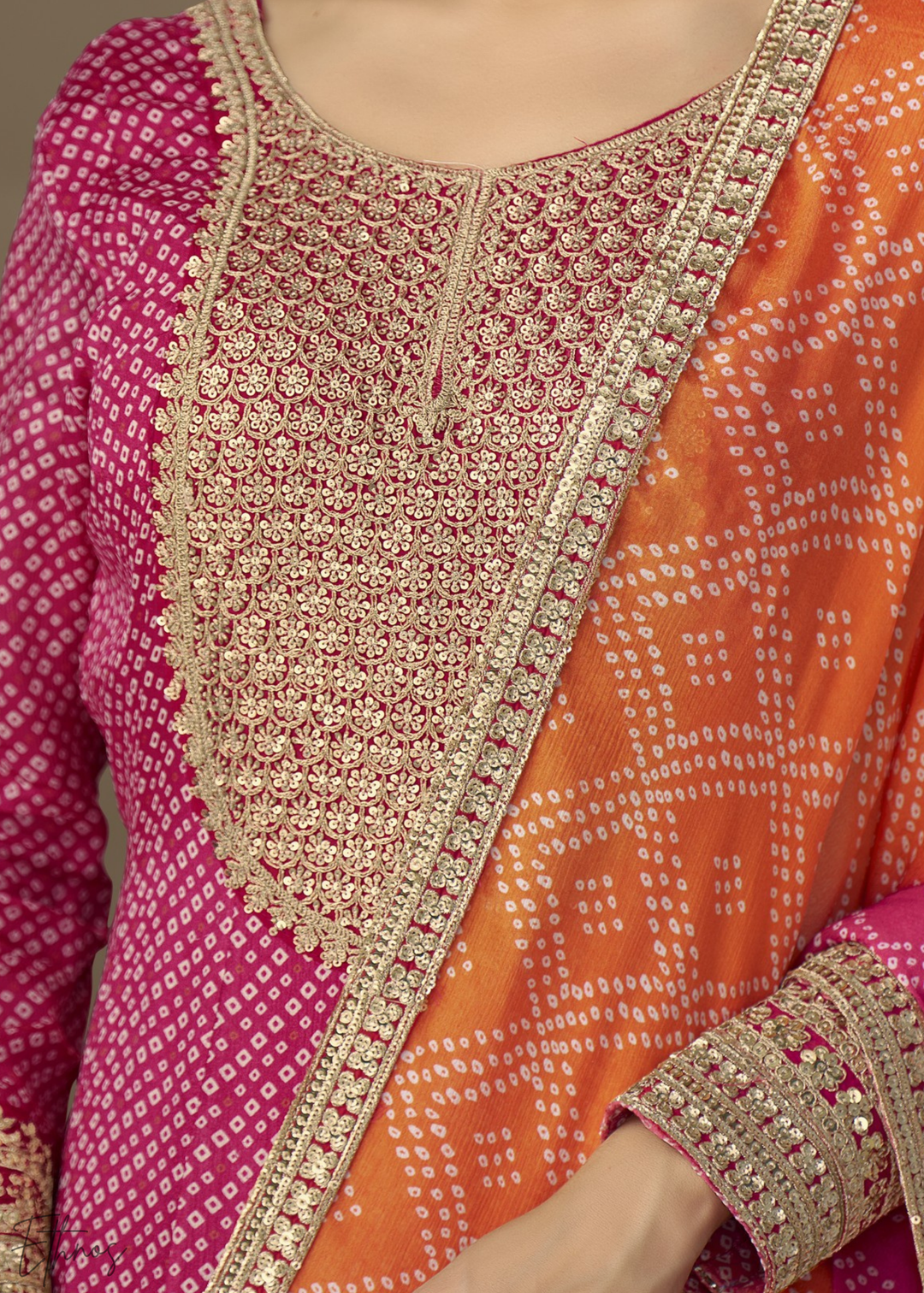 Vibrant Pink Bandhani Chinon Gown Set