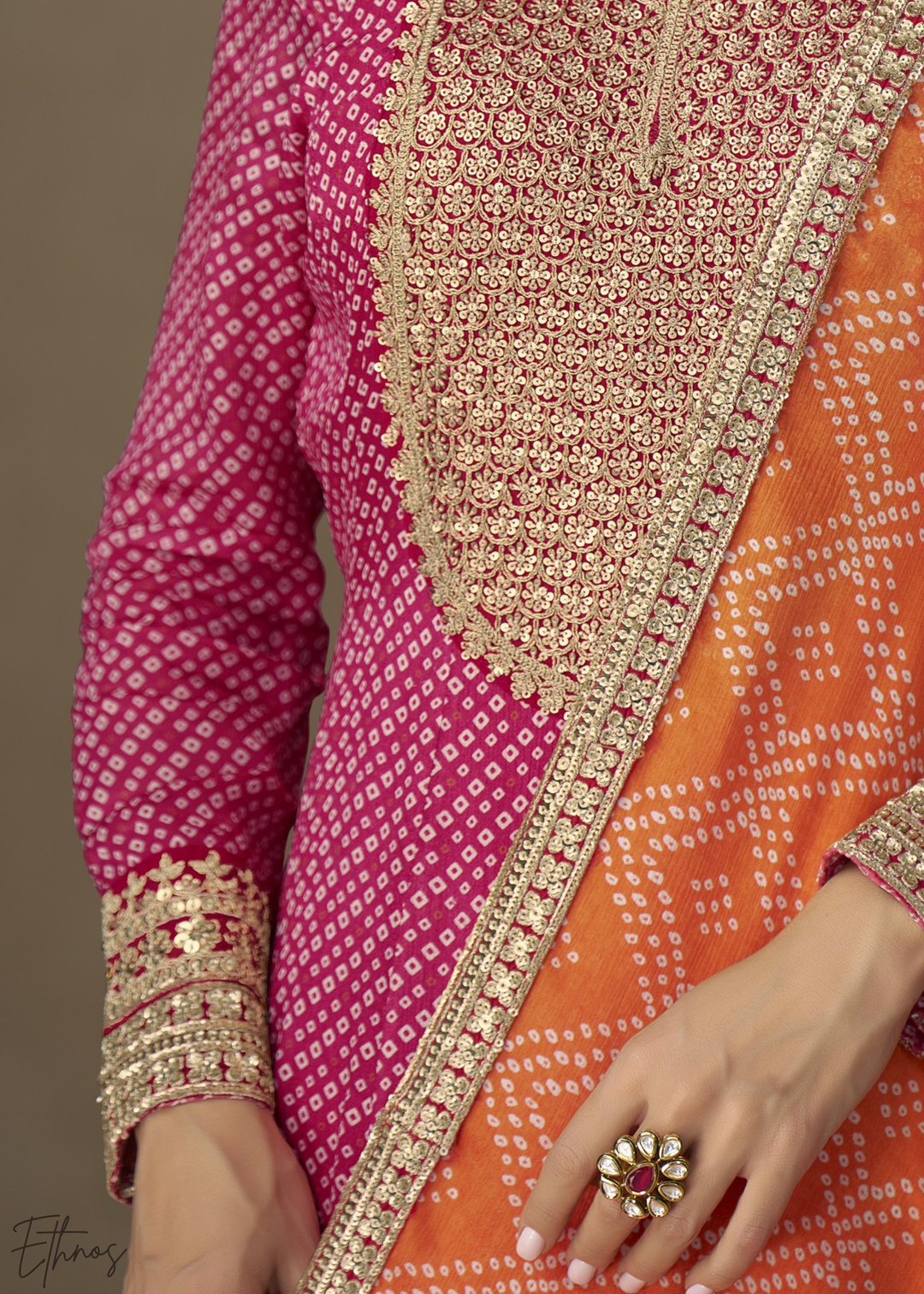 Vibrant Pink Bandhani Chinon Gown Set