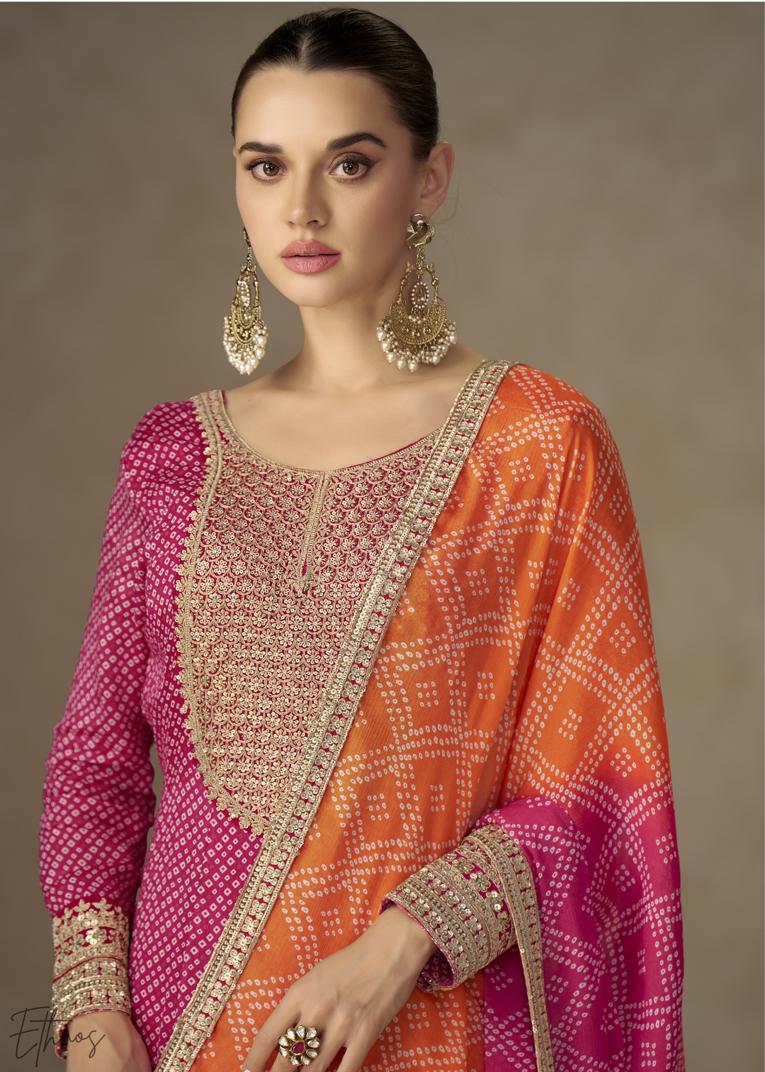 Vibrant Pink Bandhani Chinon Gown Set