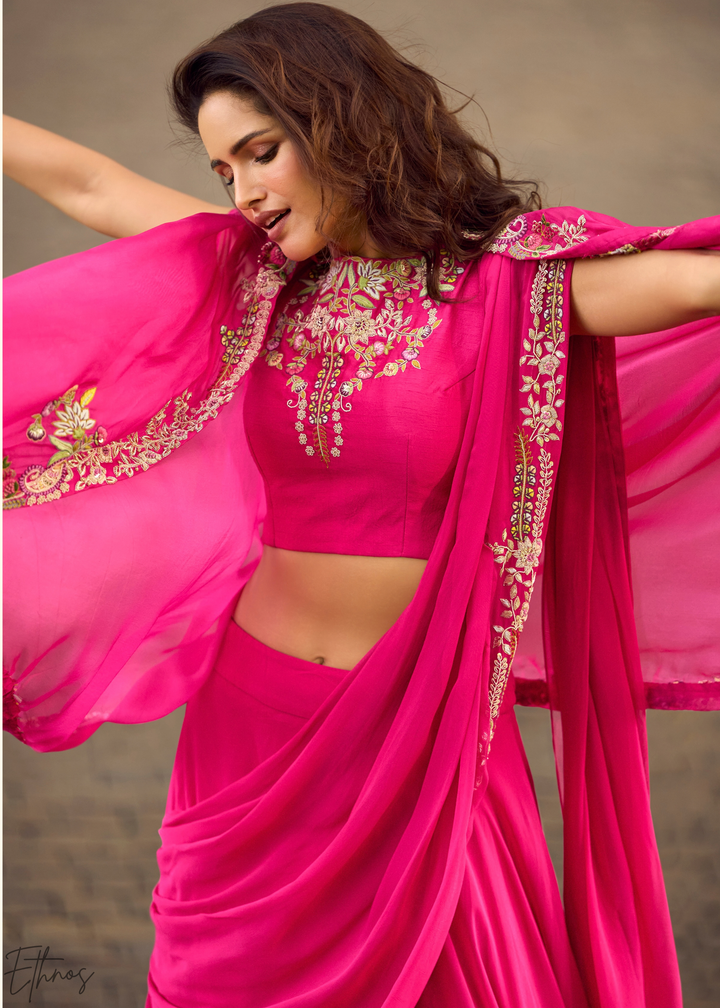 Fuchsia Baroque Filigree Faux Georgette Cape Skirt Set