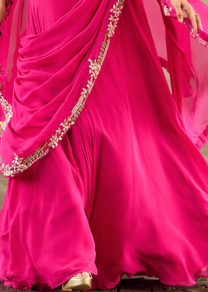 Fuchsia Baroque Filigree Faux Georgette Cape Skirt Set