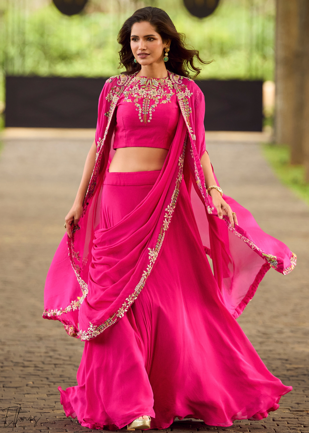 Fuchsia Baroque Filigree Faux Georgette Cape Skirt Set