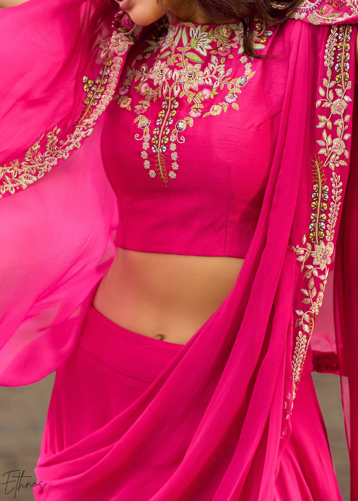 Fuchsia Baroque Filigree Faux Georgette Cape Skirt Set