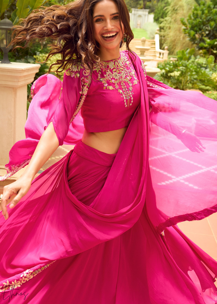 Fuchsia Baroque Filigree Faux Georgette Cape Skirt Set