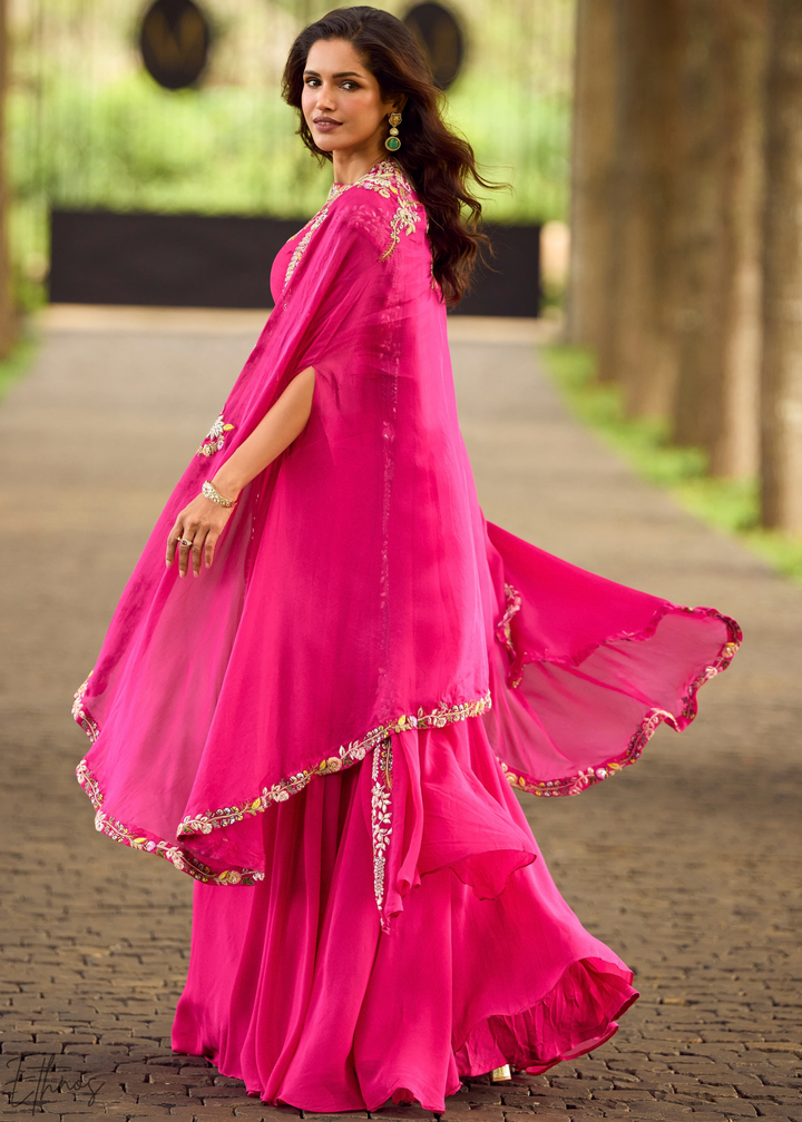 Fuchsia Baroque Filigree Faux Georgette Cape Skirt Set