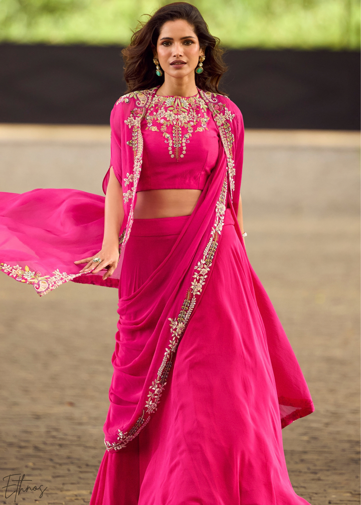 Fuchsia Baroque Filigree Faux Georgette Cape Skirt Set
