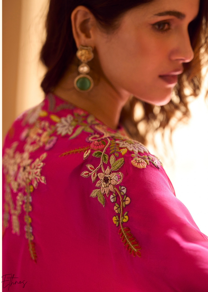 Fuchsia Baroque Filigree Faux Georgette Cape Skirt Set