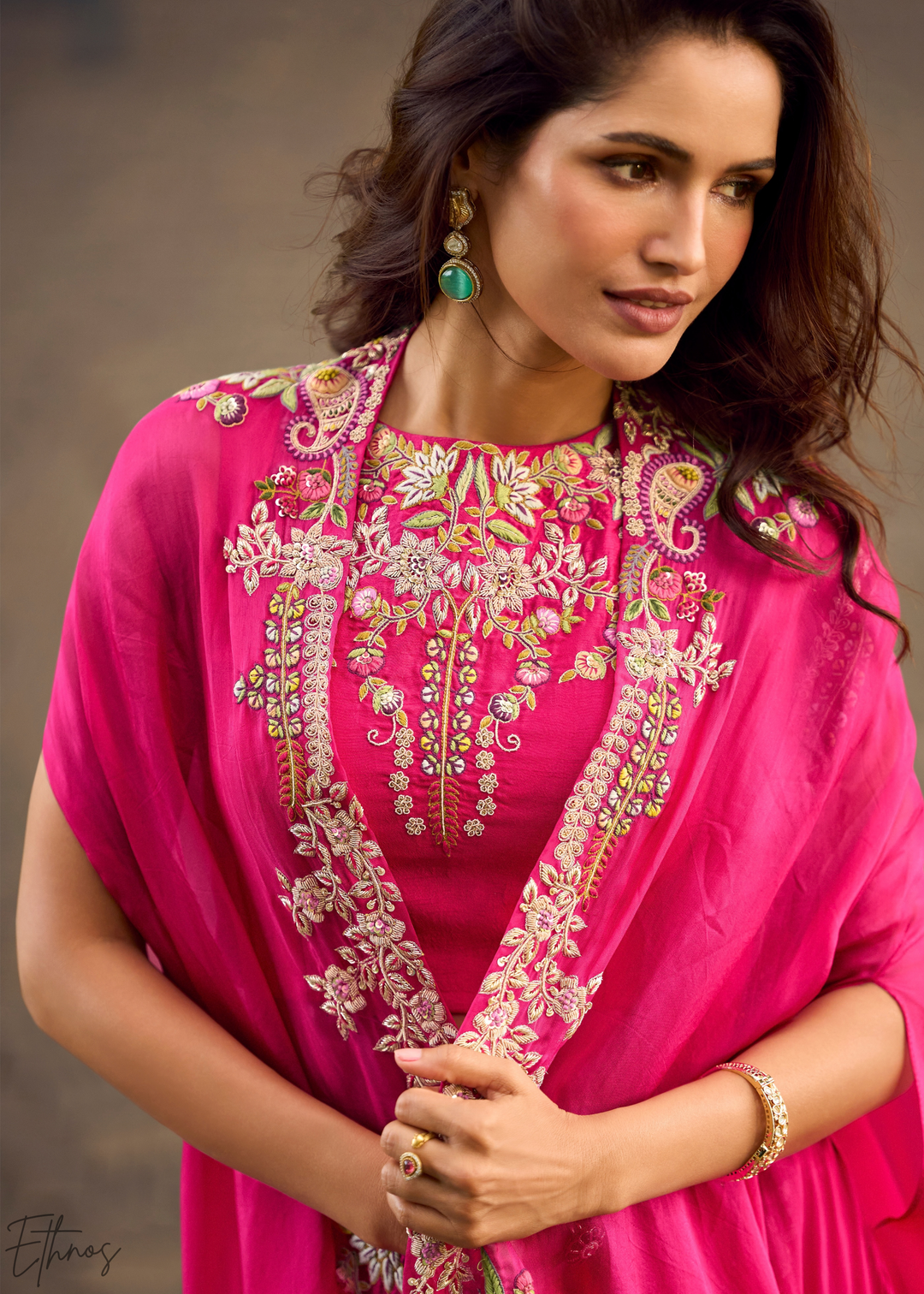 Fuchsia Baroque Filigree Faux Georgette Cape Skirt Set