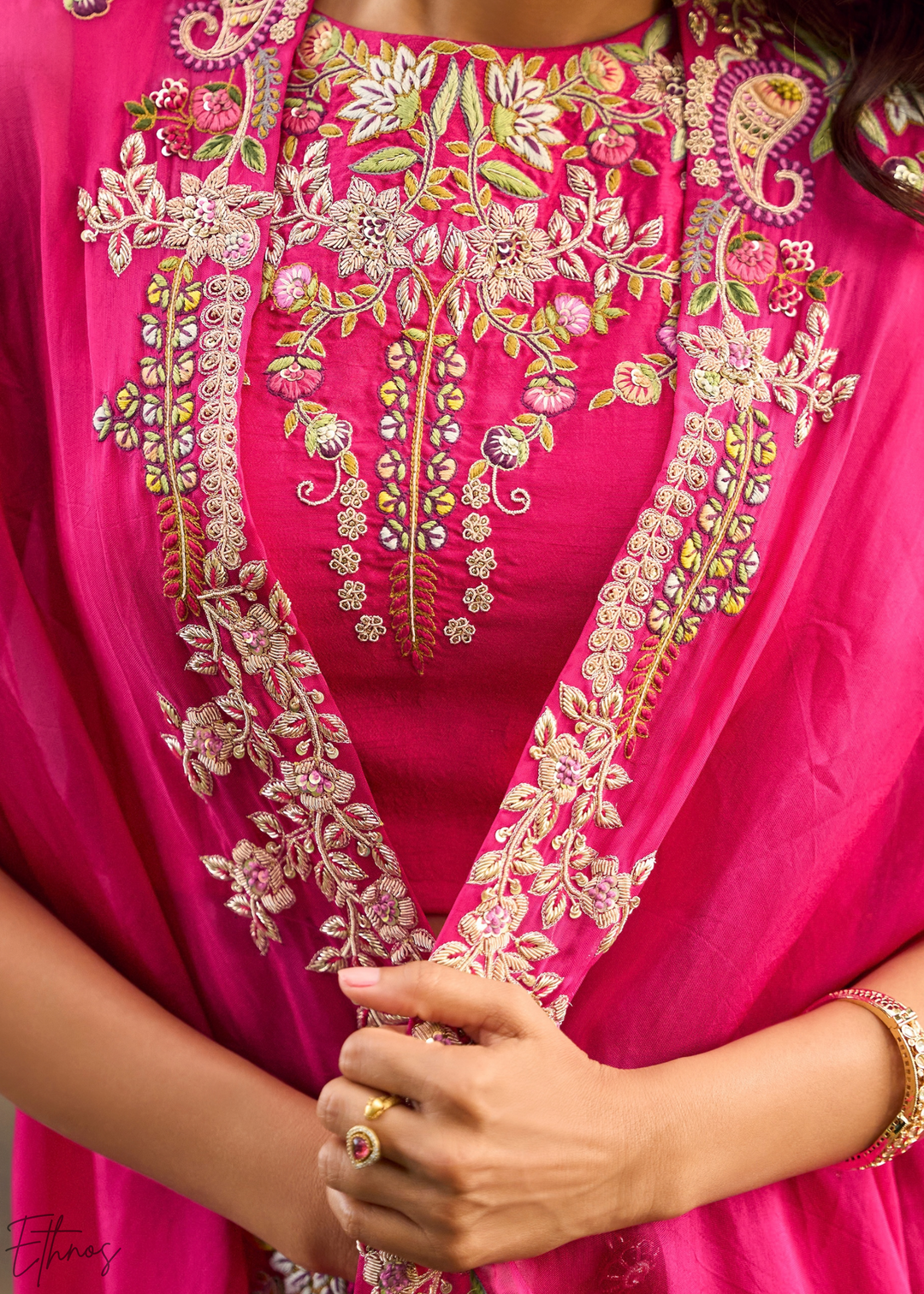 Fuchsia Baroque Filigree Faux Georgette Cape Skirt Set