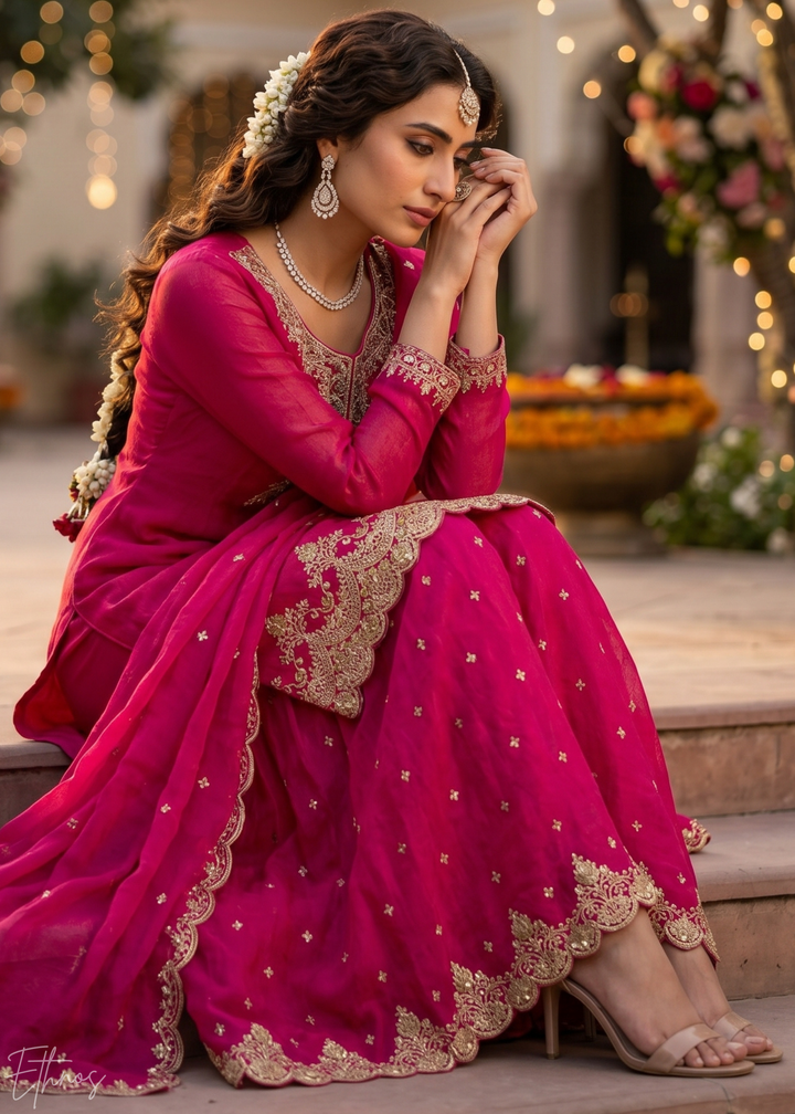 Fuchsia Berry Regal-Embroidered Silk Sharara Suit