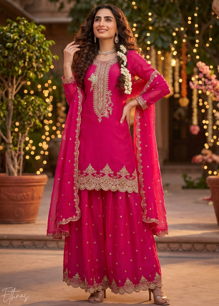 Fuchsia Berry Regal-Embroidered Silk Sharara Suit