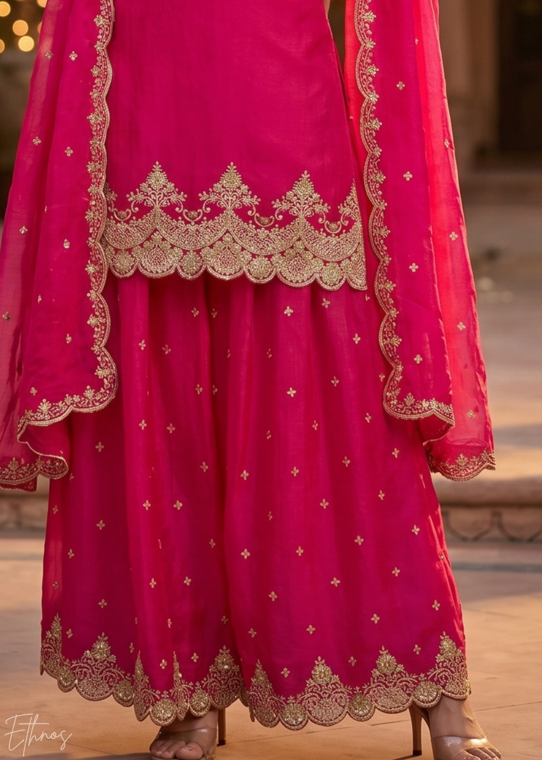 Fuchsia Berry Regal-Embroidered Silk Sharara Suit