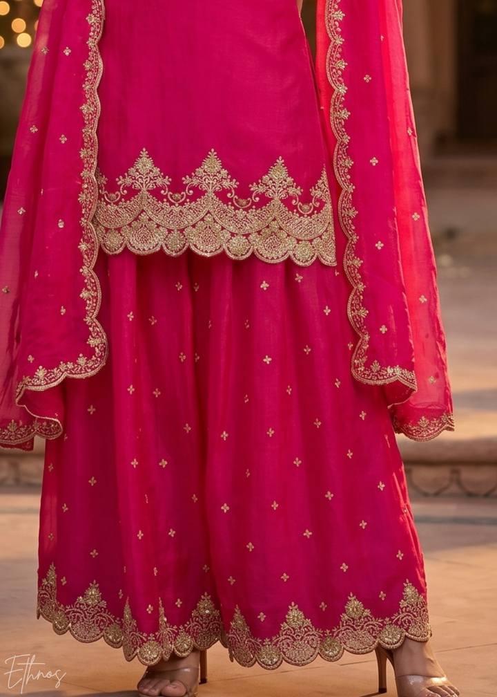 Fuchsia Berry Regal-Embroidered Silk Sharara Suit
