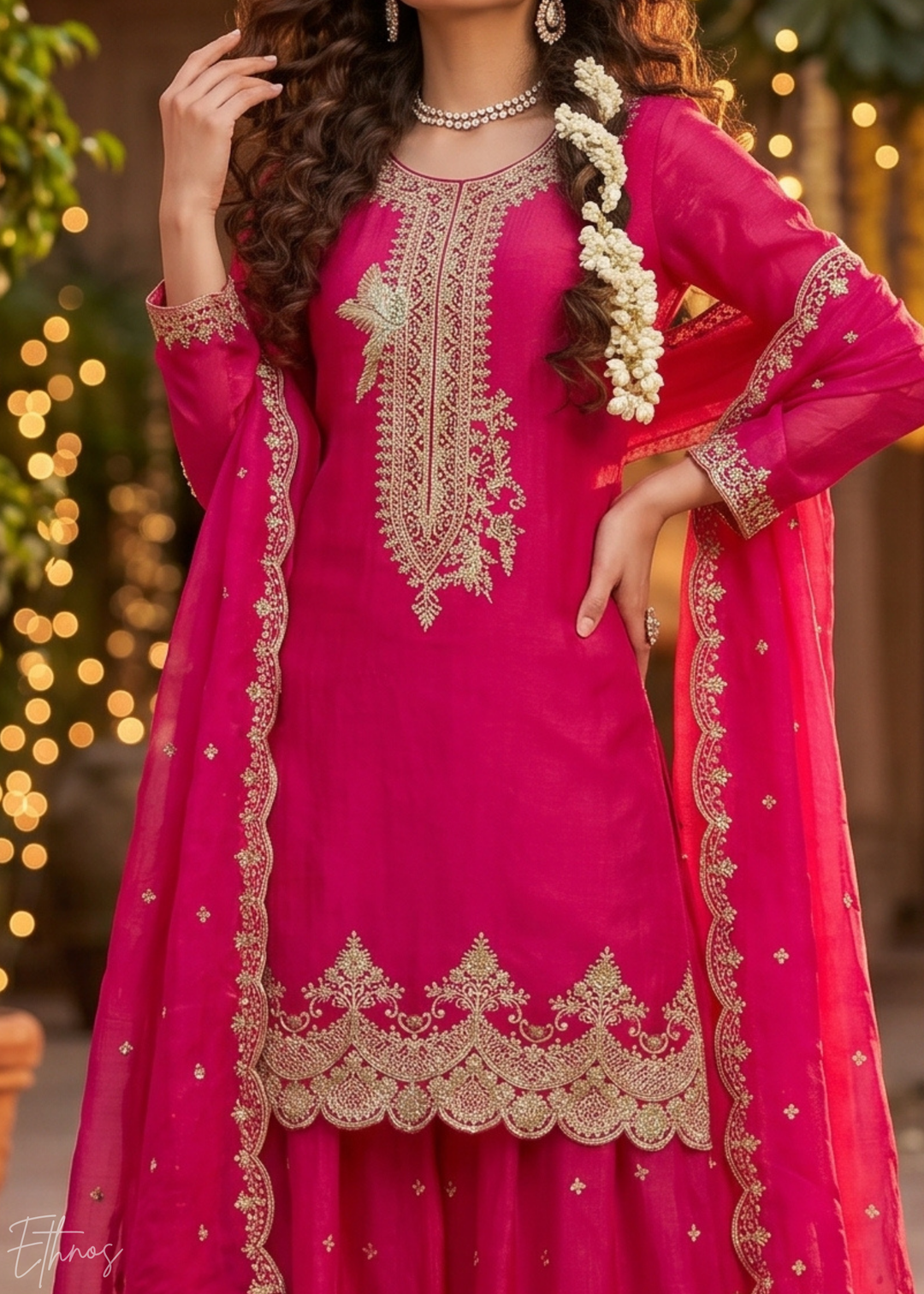 Fuchsia Berry Regal-Embroidered Silk Sharara Suit