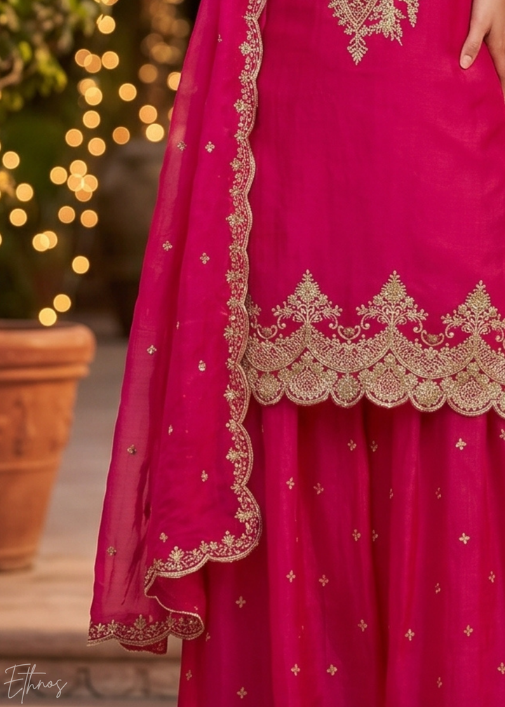 Fuchsia Berry Regal-Embroidered Silk Sharara Suit