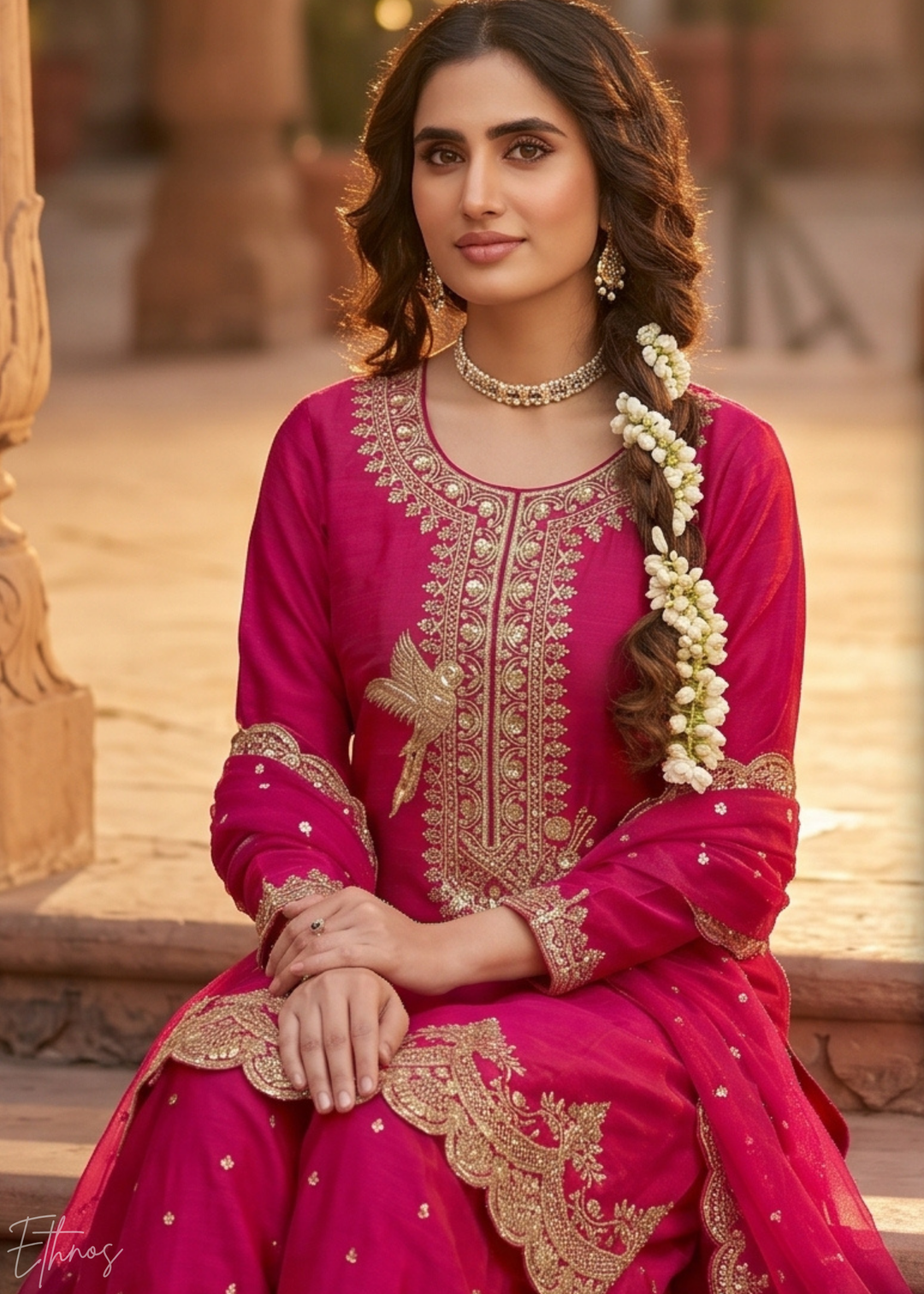 Fuchsia Berry Regal-Embroidered Silk Sharara Suit