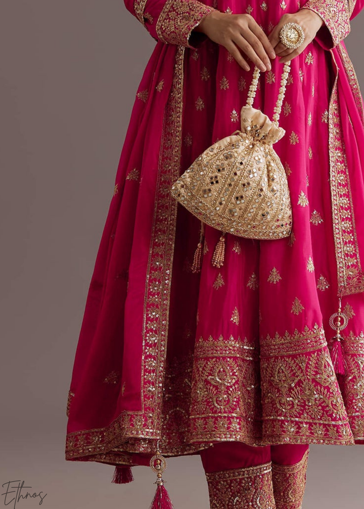 Fuchsia Chinnon Silk Anarkali Palazzo Suit