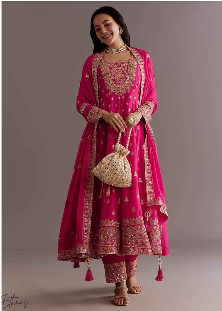 Fuchsia Chinnon Silk Anarkali Palazzo Suit