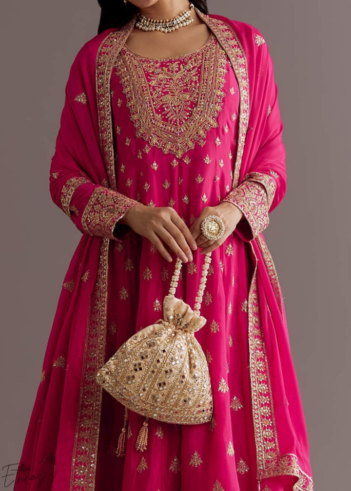 Fuchsia Chinnon Silk Anarkali Palazzo Suit