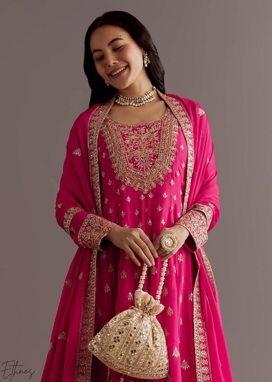 Fuchsia Chinnon Silk Anarkali Palazzo Suit
