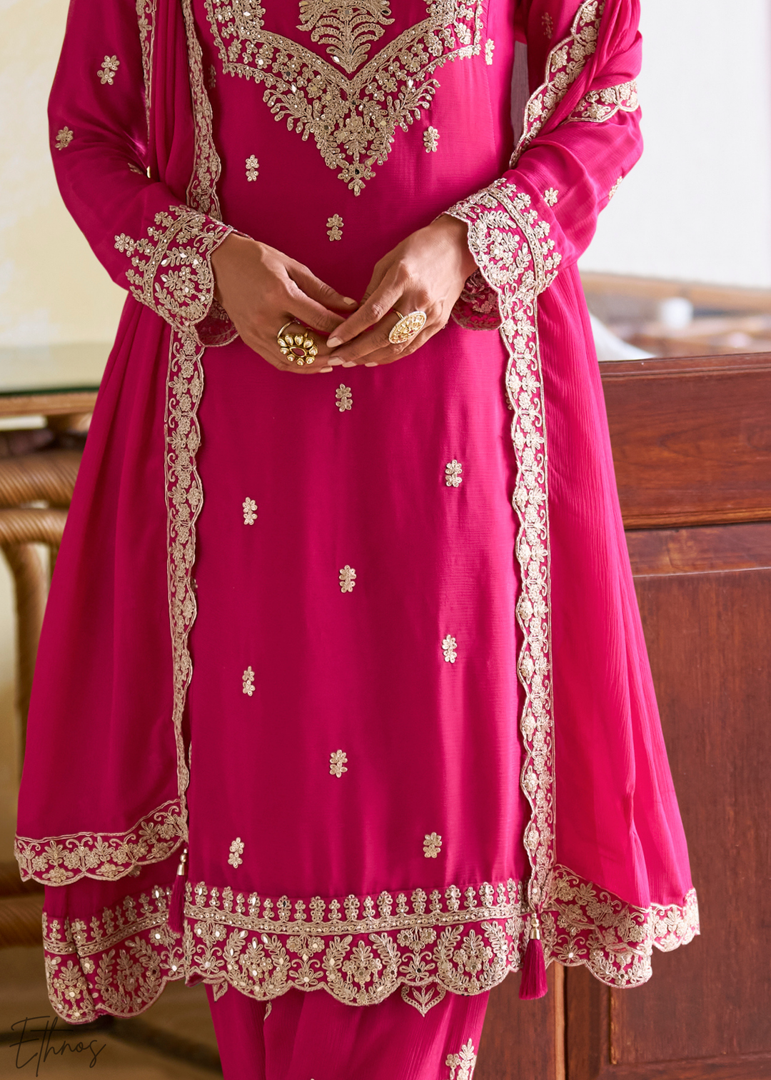Fuchsia Embroidered Chinon Salwar Suit