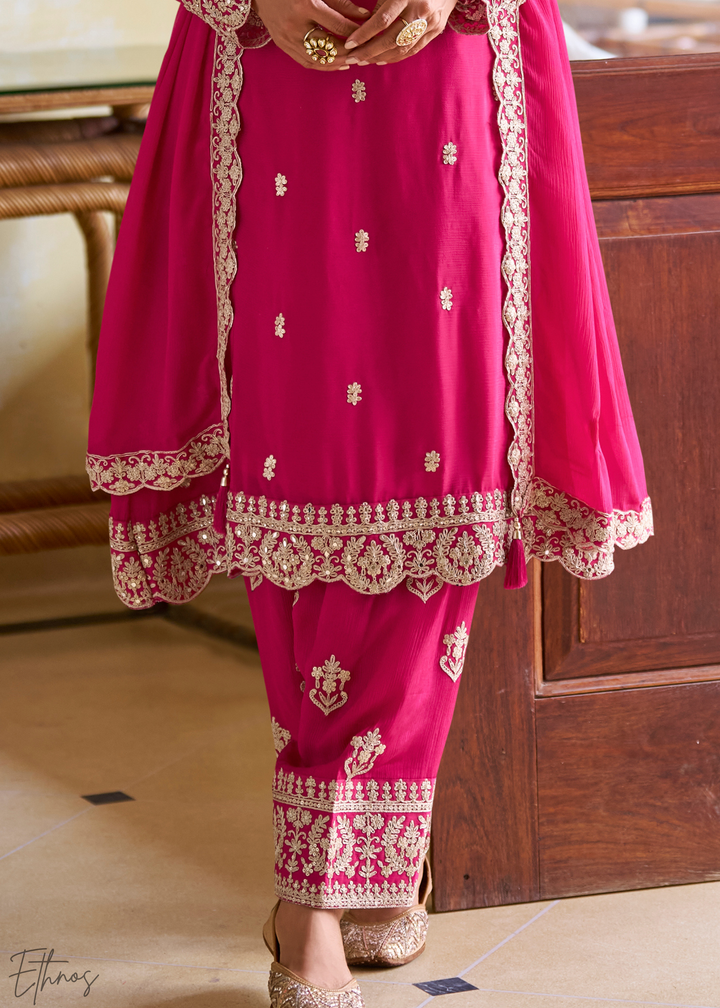Fuchsia Embroidered Chinon Salwar Suit