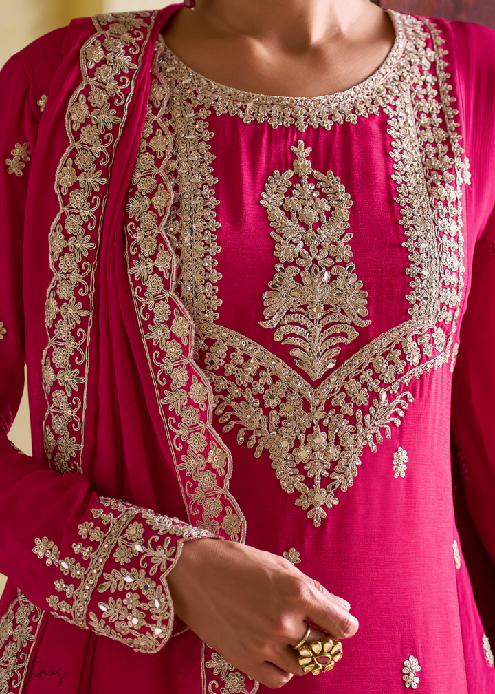 Fuchsia Embroidered Chinon Salwar Suit