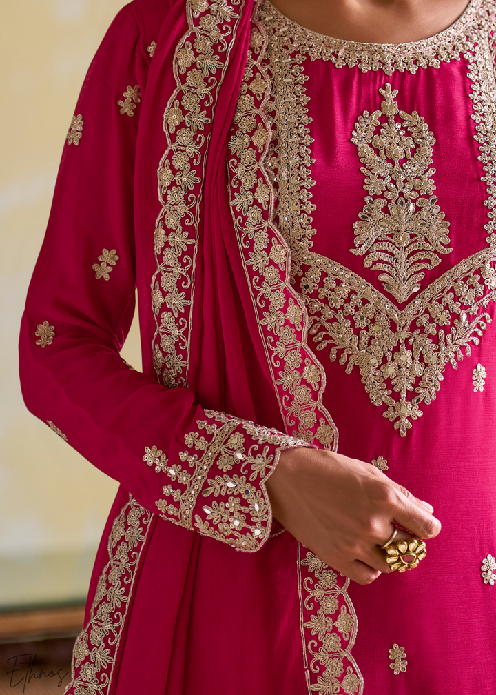 Fuchsia Embroidered Chinon Salwar Suit