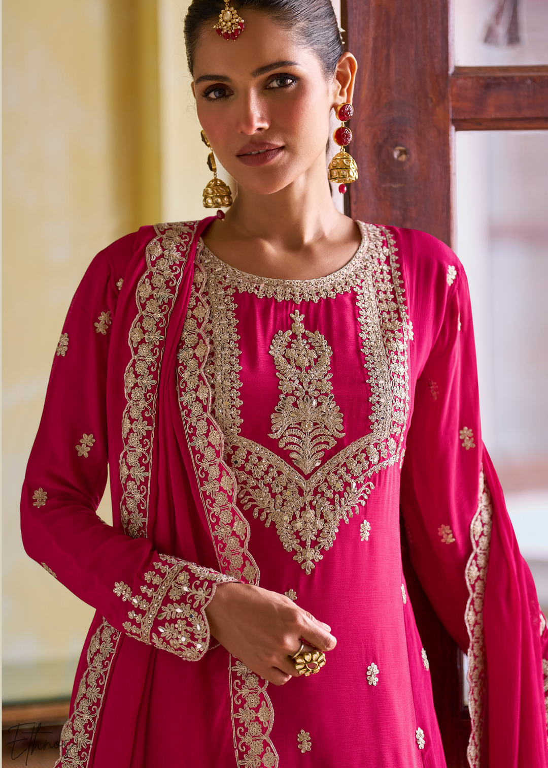 Fuchsia Embroidered Chinon Salwar Suit